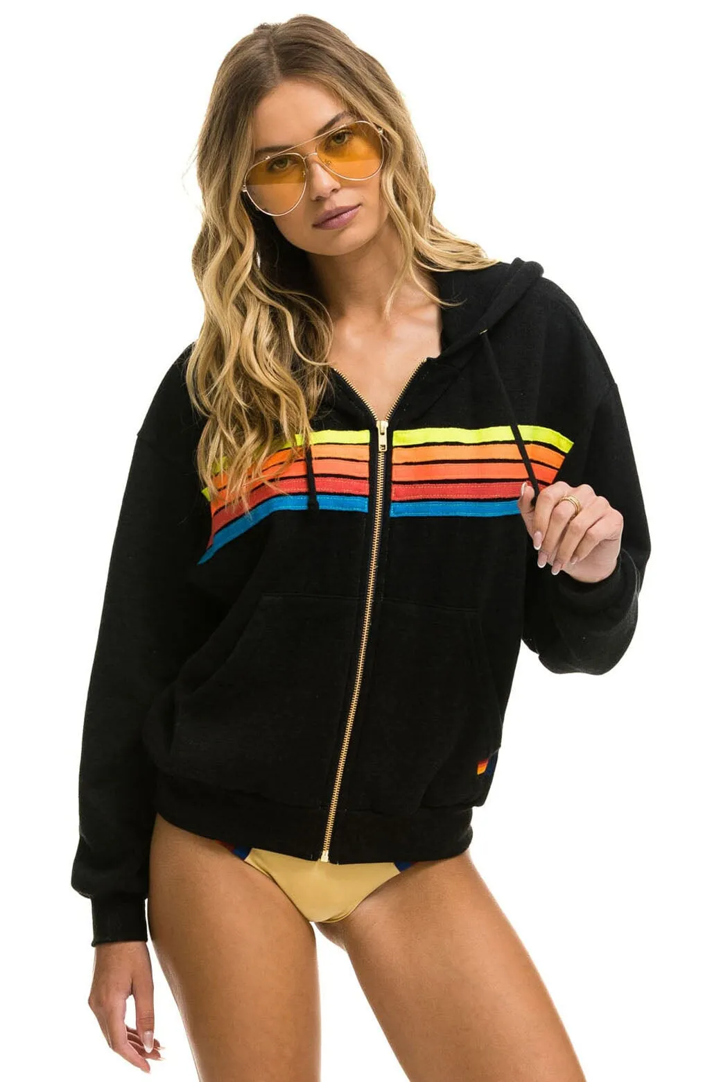 5 STRIPE RELAXED ZIP HOODIE - BLACK // NEON RAINBOW