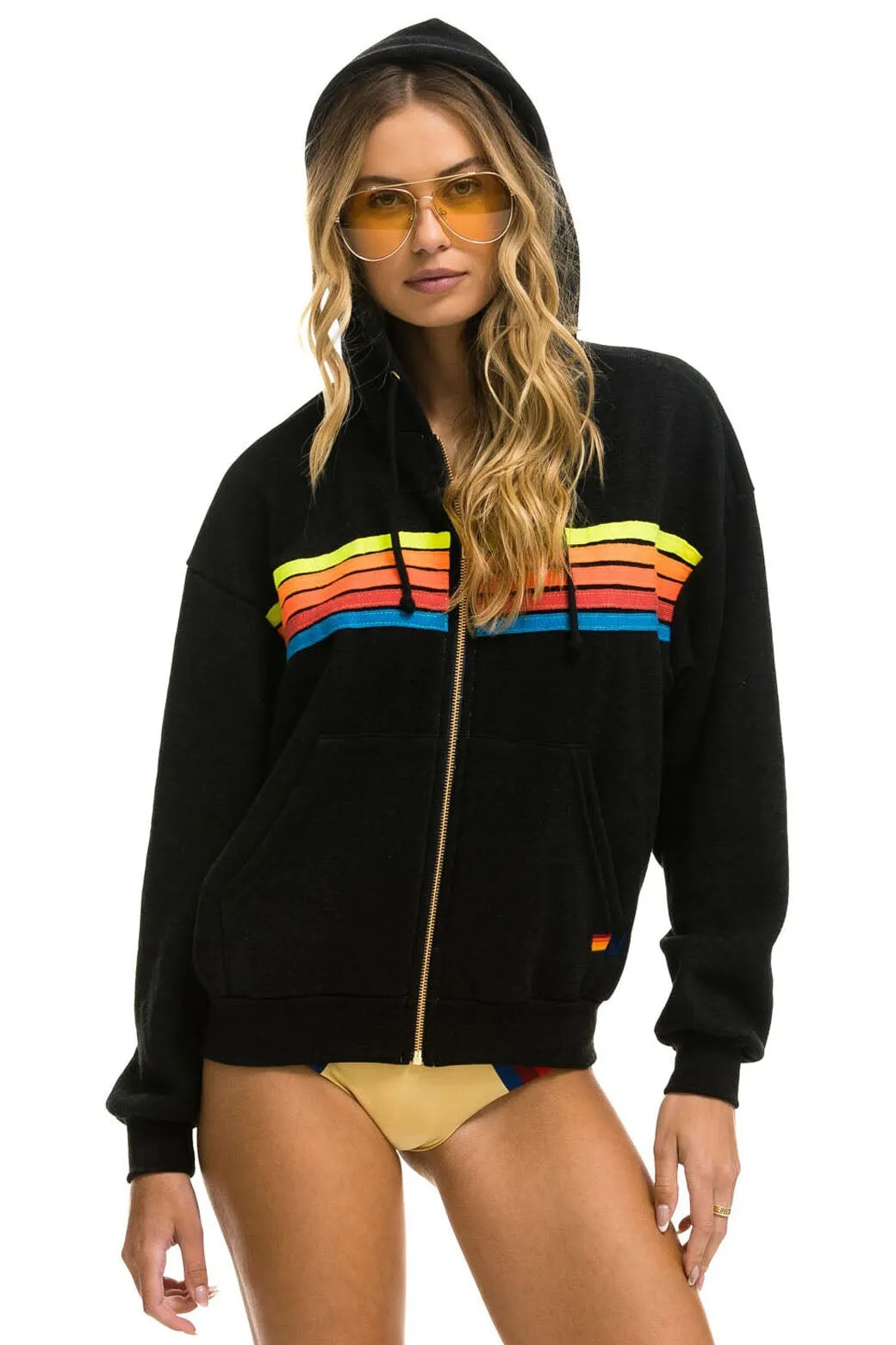 5 STRIPE RELAXED ZIP HOODIE - BLACK // NEON RAINBOW