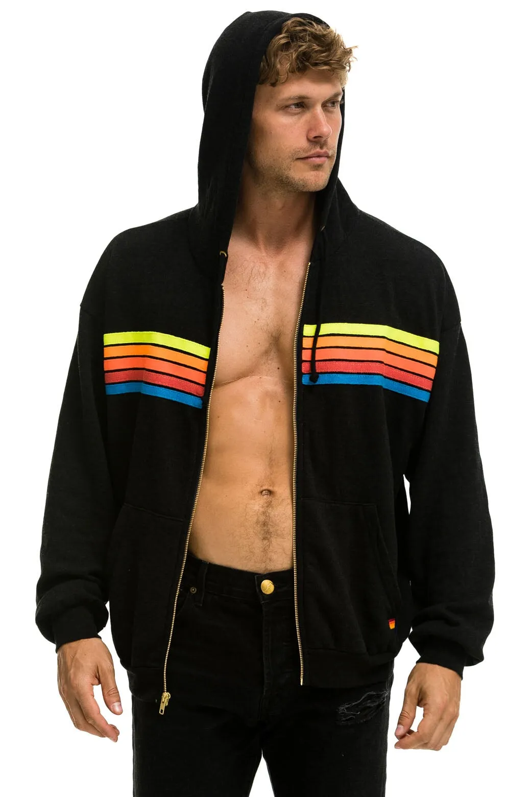 5 STRIPE RELAXED ZIP HOODIE - BLACK // NEON RAINBOW