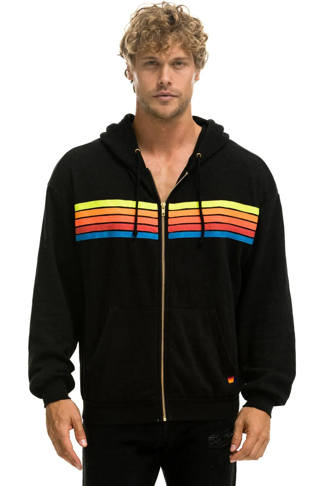 5 STRIPE RELAXED ZIP HOODIE - BLACK // NEON RAINBOW