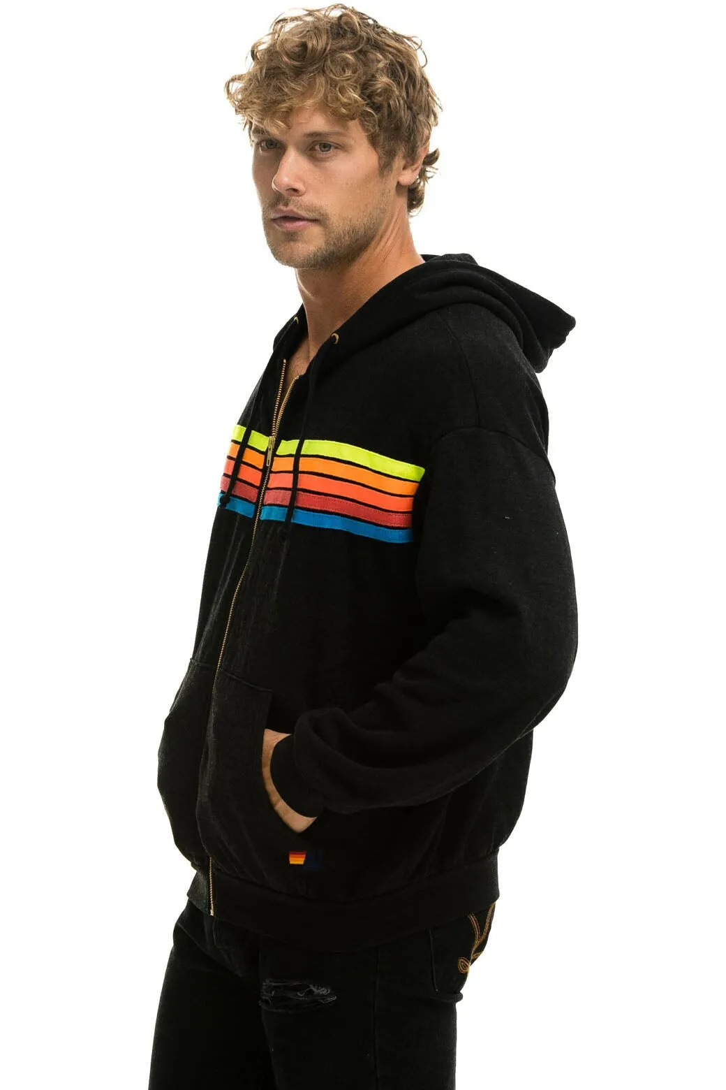 5 STRIPE RELAXED ZIP HOODIE - BLACK // NEON RAINBOW