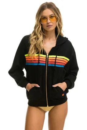 5 STRIPE RELAXED ZIP HOODIE - BLACK // NEON RAINBOW