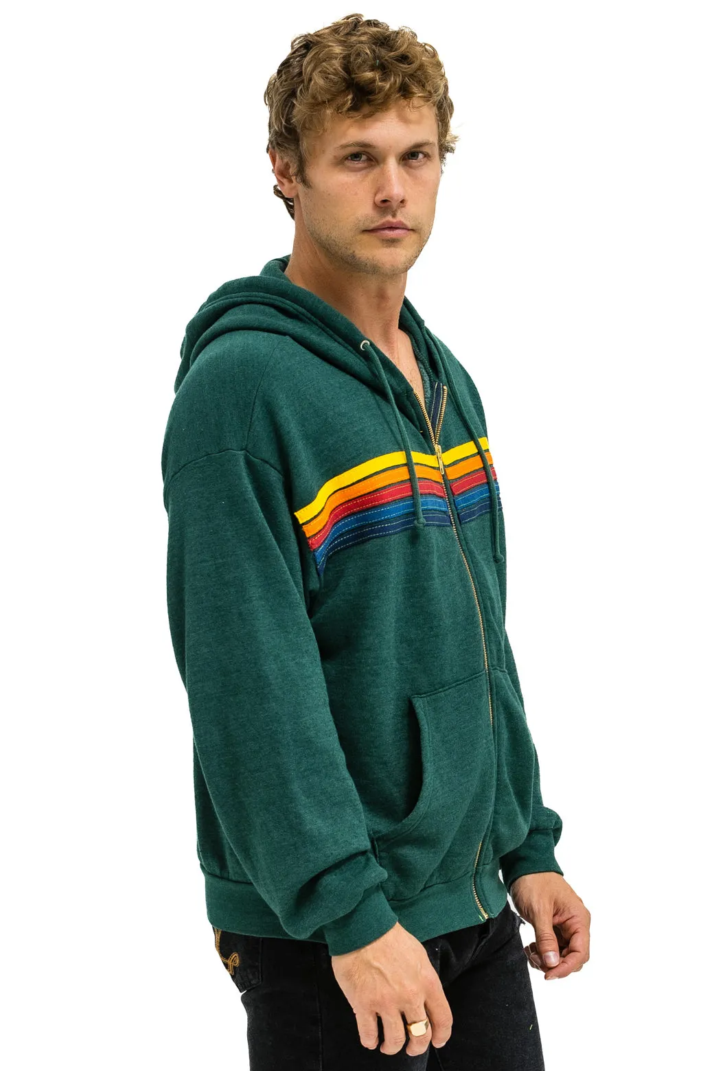 5 STRIPE RELAXED ZIP HOODIE - FOREST