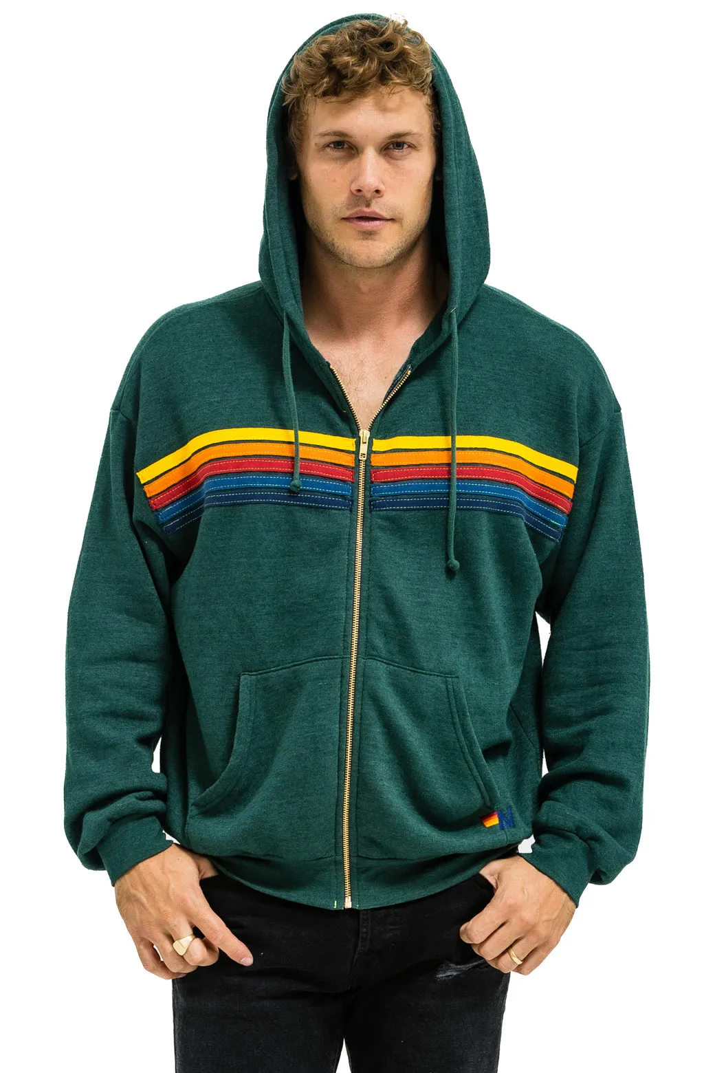 5 STRIPE RELAXED ZIP HOODIE - FOREST