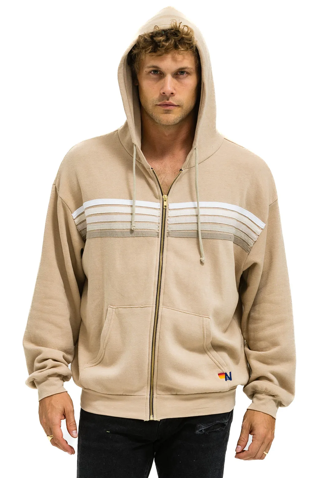 5 STRIPE RELAXED ZIP HOODIE - SAND // WHITE // GREY