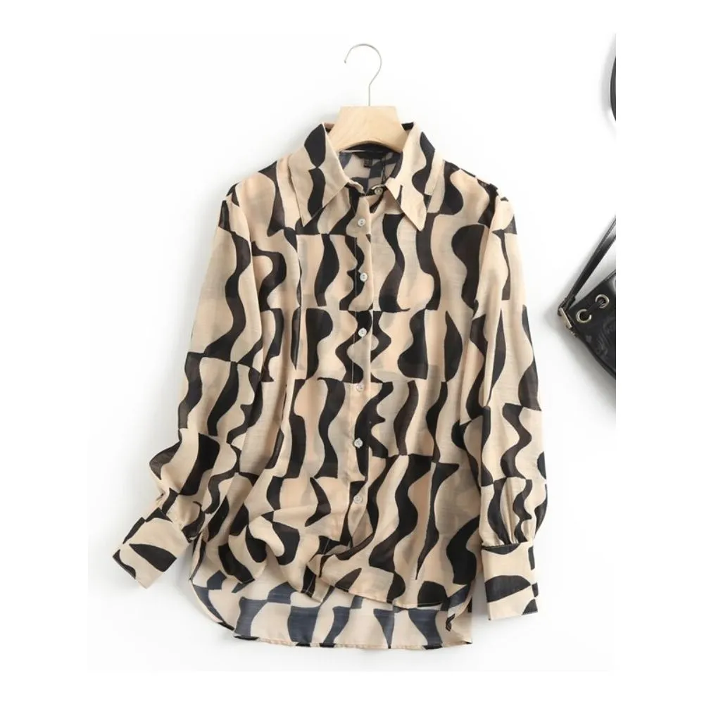 Abstract Geometric Wave Modern Faux Silk Long-Sleeve Shirt