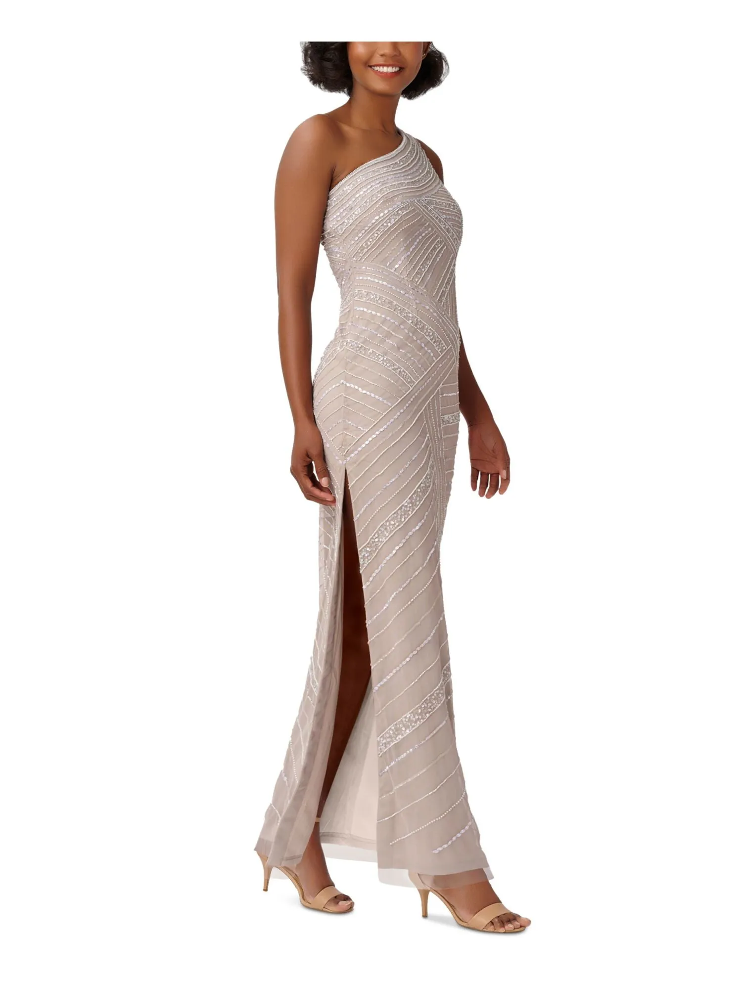 ADRIANNA PAPELL Womens Beige Beaded Zippered High Side Slit Lined Sleeveless Asymmetrical Neckline Full-Length Evening Sheath Dress