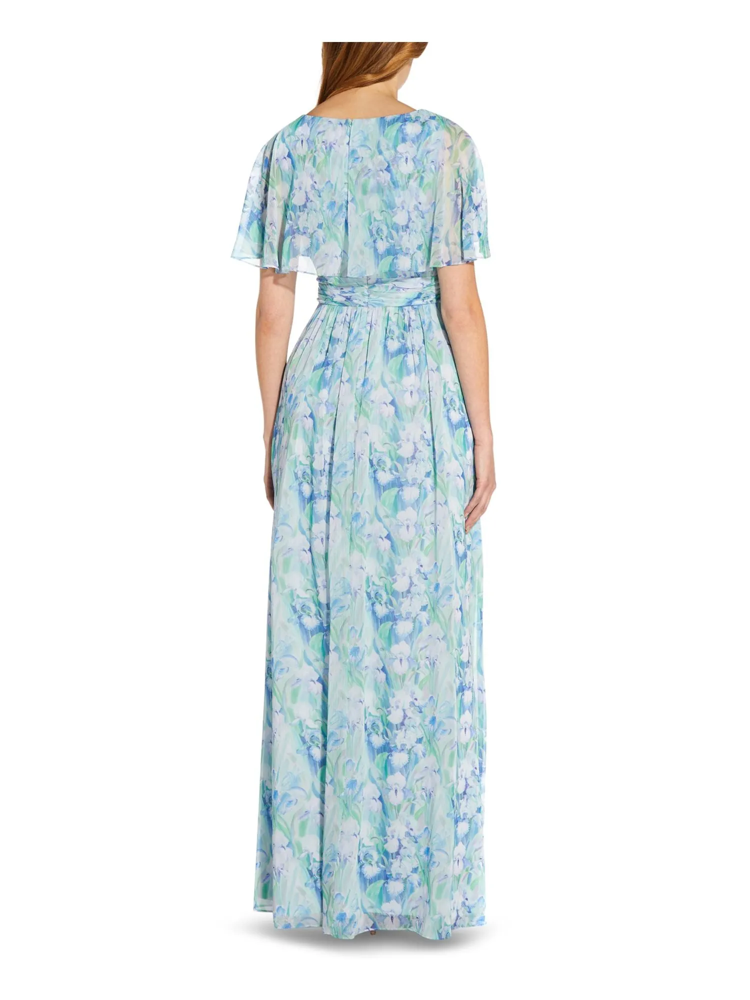 ADRIANNA PAPELL Womens Blue Zippered Pleated Lined Sheer Cape Overlay Ruffled Floral Short Sleeve V Neck Full-Length Gown Dress