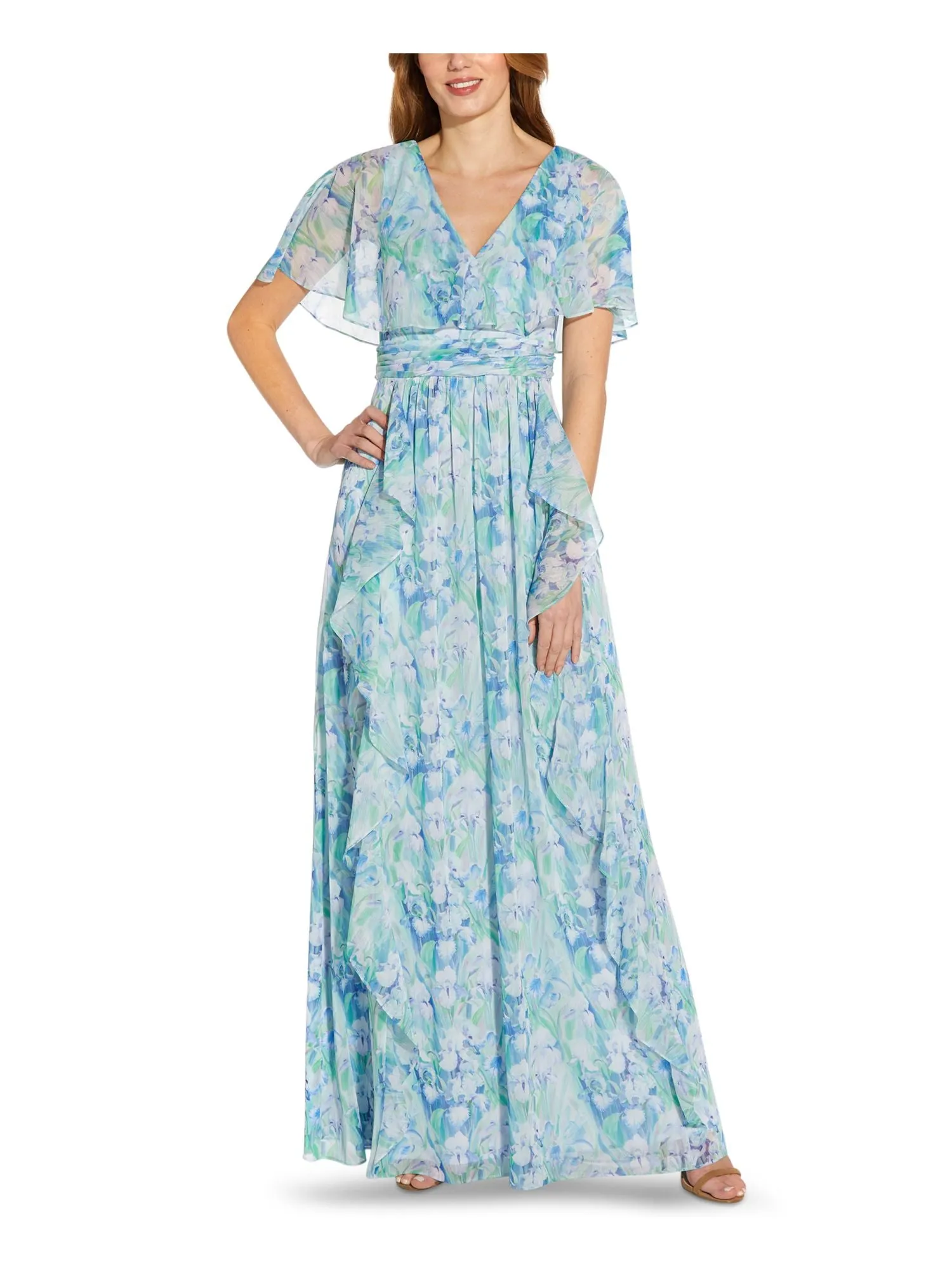 ADRIANNA PAPELL Womens Blue Zippered Pleated Lined Sheer Cape Overlay Ruffled Floral Short Sleeve V Neck Full-Length Gown Dress