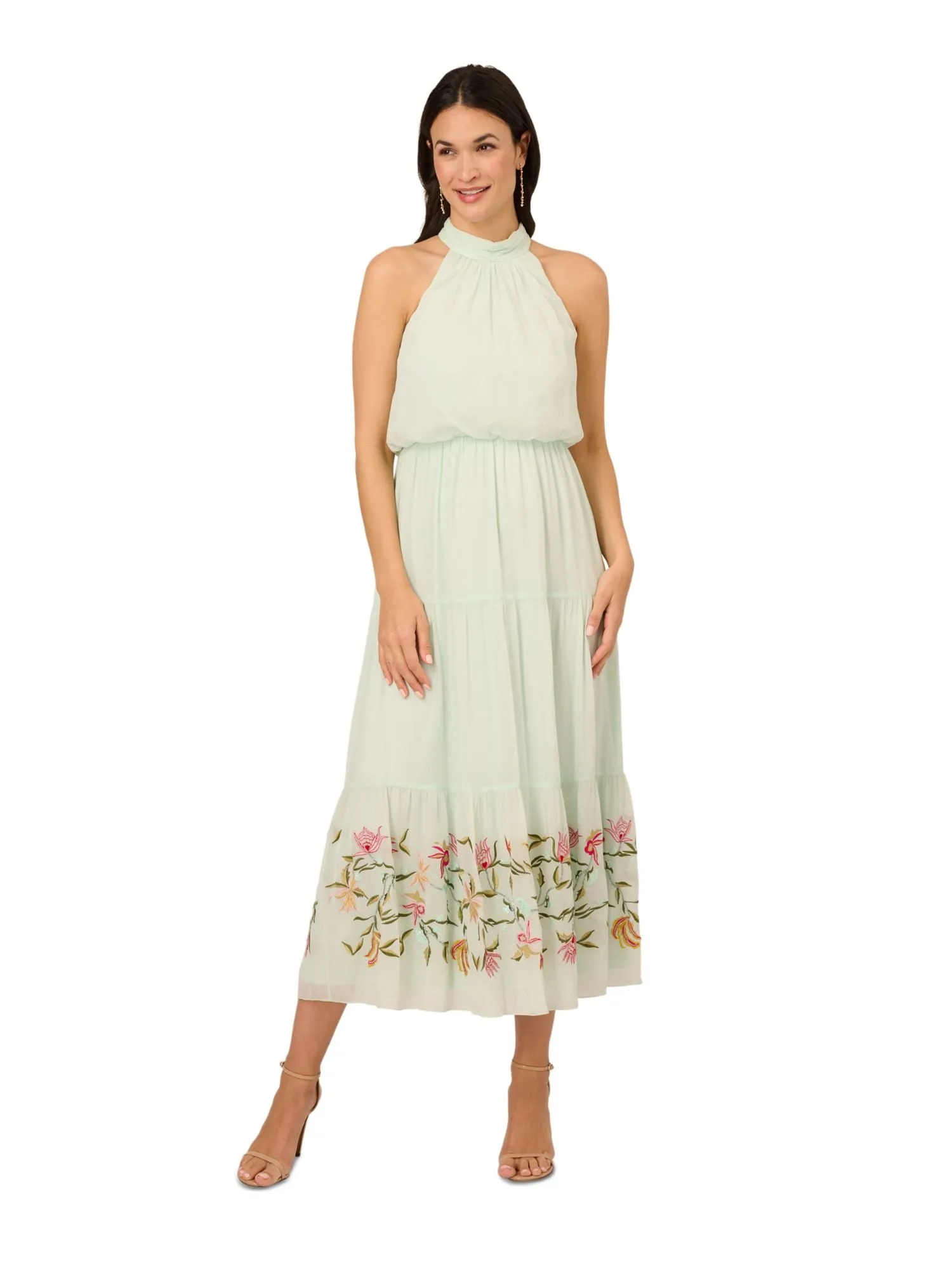 ADRIANNA PAPELL Womens Green Embellished Pleated Tiered Skirt Pullover Sleeveless Halter Midi Party Blouson Dress