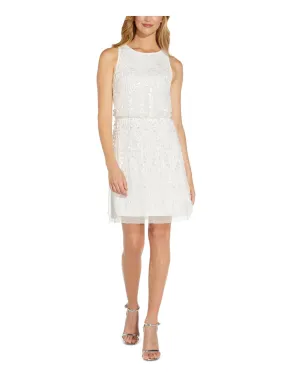 ADRIANNA PAPELL Womens Ivory Embellished Zippered Lined Sleeveless Round Neck Above The Knee Party Blouson Dress