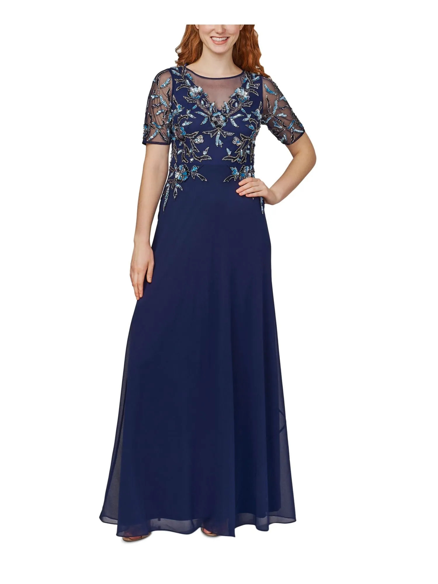 ADRIANNA PAPELL Womens Navy Beaded Sequined Zippered Lined Short Sleeve Round Neck Full-Length Evening Gown Dress