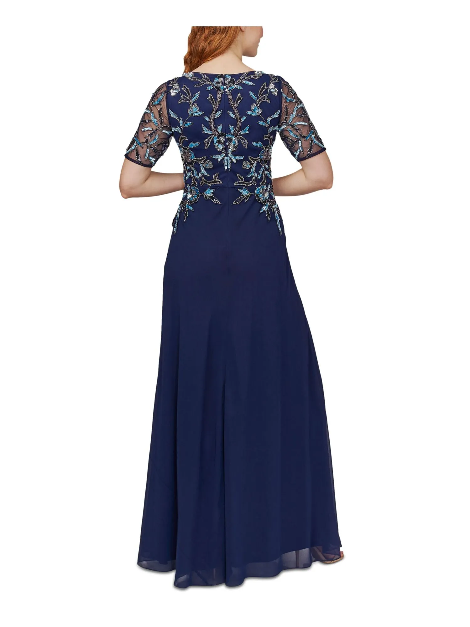 ADRIANNA PAPELL Womens Navy Beaded Sequined Zippered Lined Short Sleeve Round Neck Full-Length Evening Gown Dress