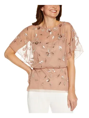 ADRIANNA PAPELL Womens Pink Embellished Zippered Blouson Overlay Lined Flutter Sleeve Round Neck Party Top