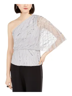 ADRIANNA PAPELL Womens Silver Sequined Sheer Patterned Sleeveless Asymmetrical Neckline Evening Top