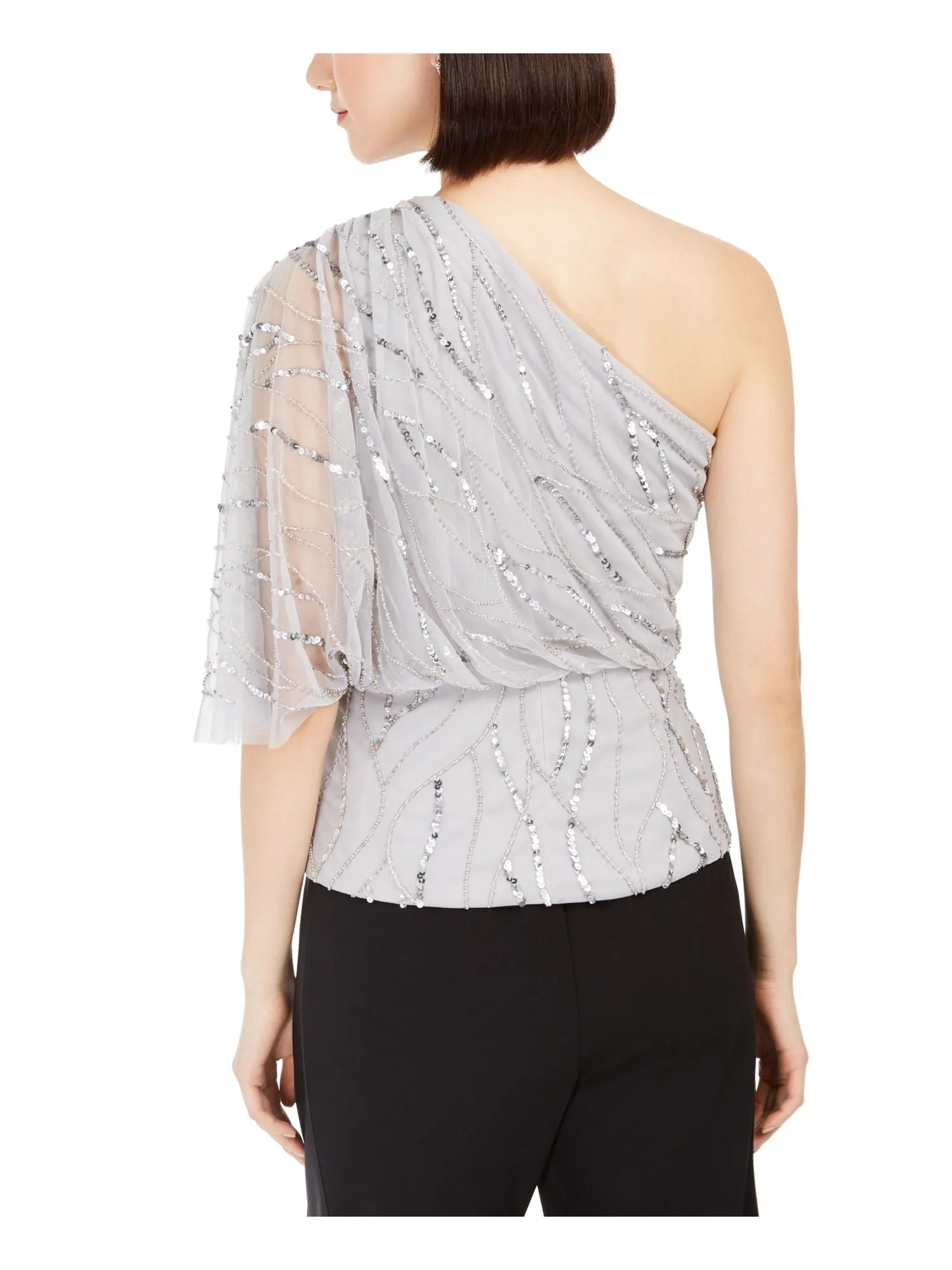 ADRIANNA PAPELL Womens Silver Sequined Sheer Patterned Sleeveless Asymmetrical Neckline Evening Top