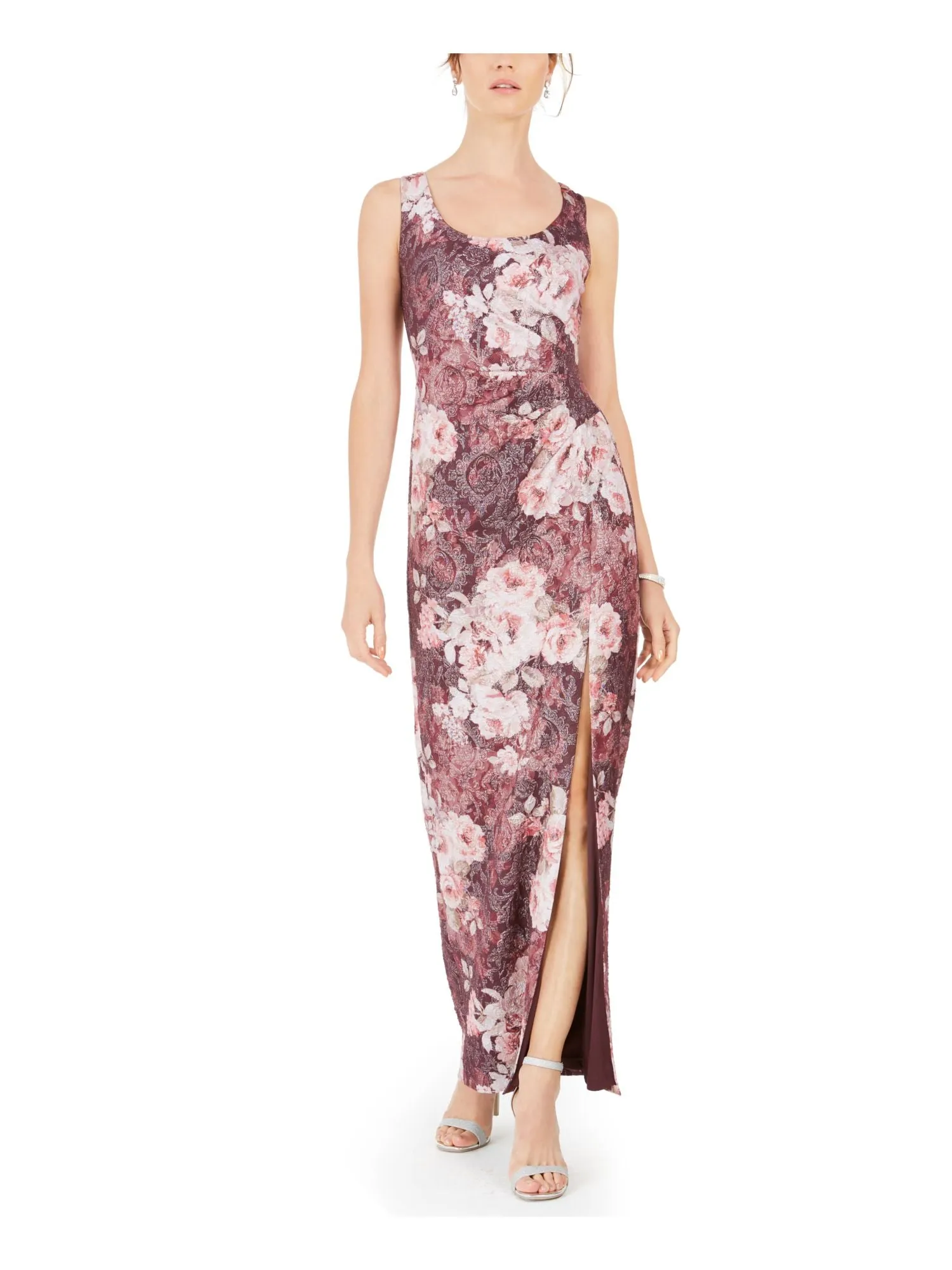 ADRIANNA PAPELL Womens Slitted Floral Sleeveless Scoop Neck Maxi Evening Dress