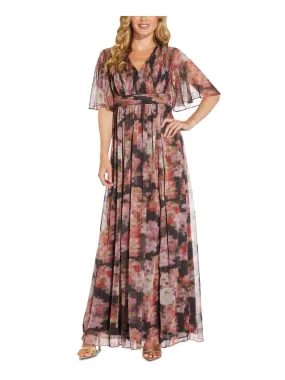 ADRIANNA PAPELL Womens Zippered Printed Flutter Sleeve V Neck Maxi Evening Empire Waist Dress