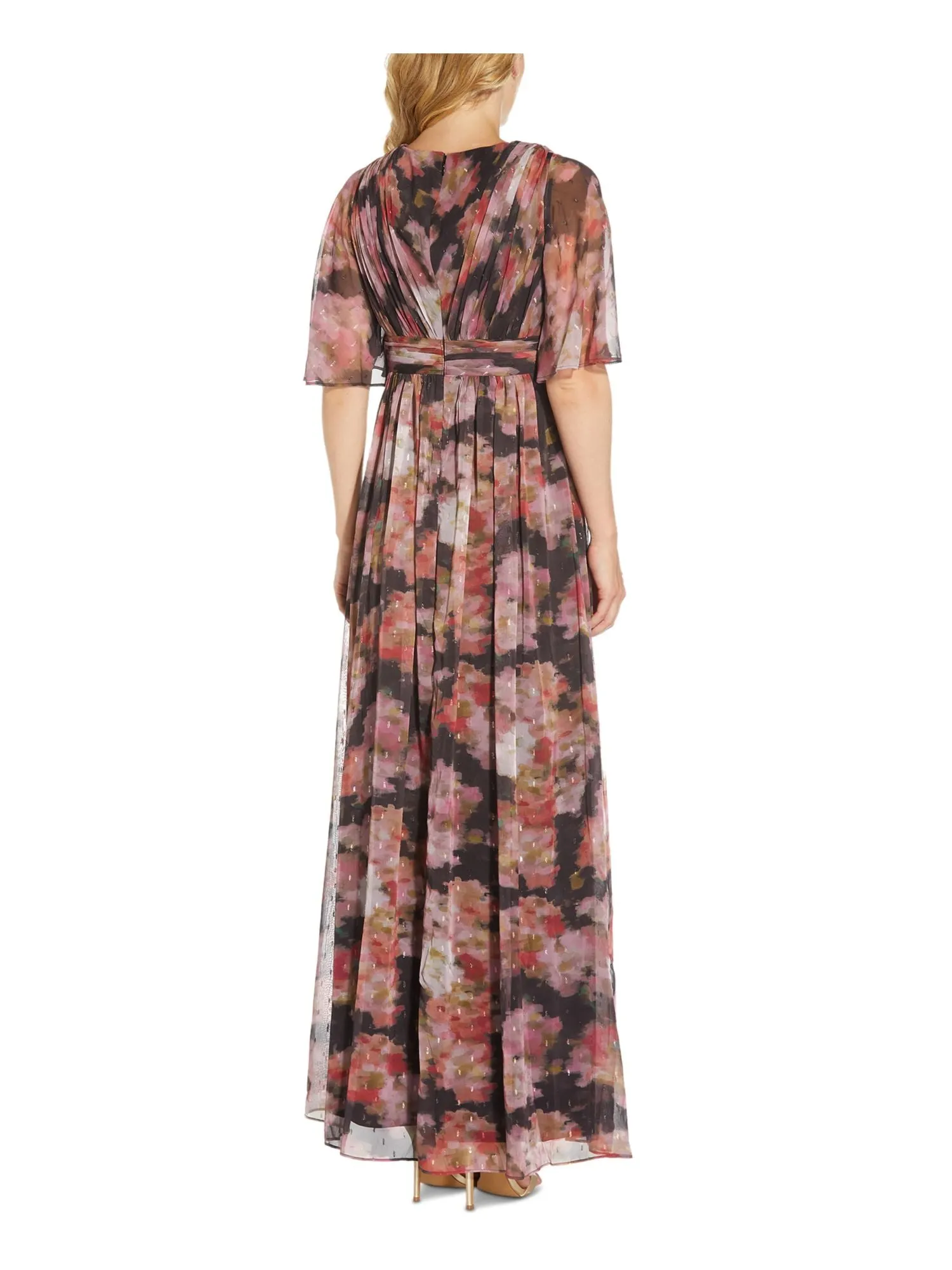 ADRIANNA PAPELL Womens Zippered Printed Flutter Sleeve V Neck Maxi Evening Empire Waist Dress