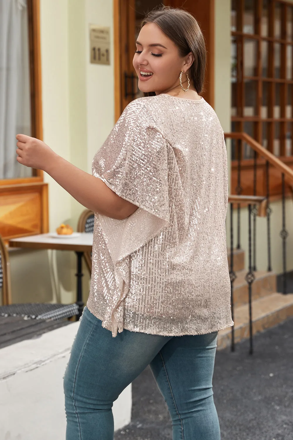 Aileen Plus Size Sequined v Neck Boxy Top