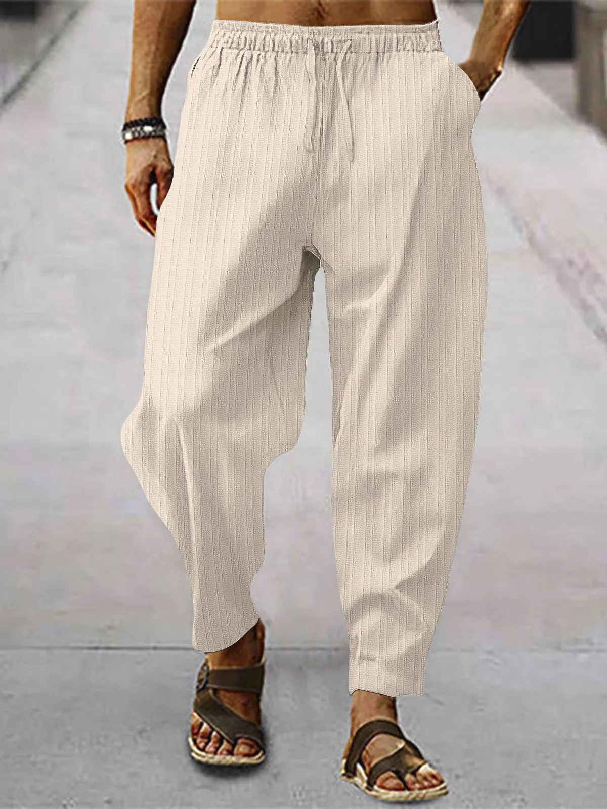 Alohadaddy Beach Holiday Men's White Casual Stripe Pants Breathable Comfortable Elastic Waistband Trousers