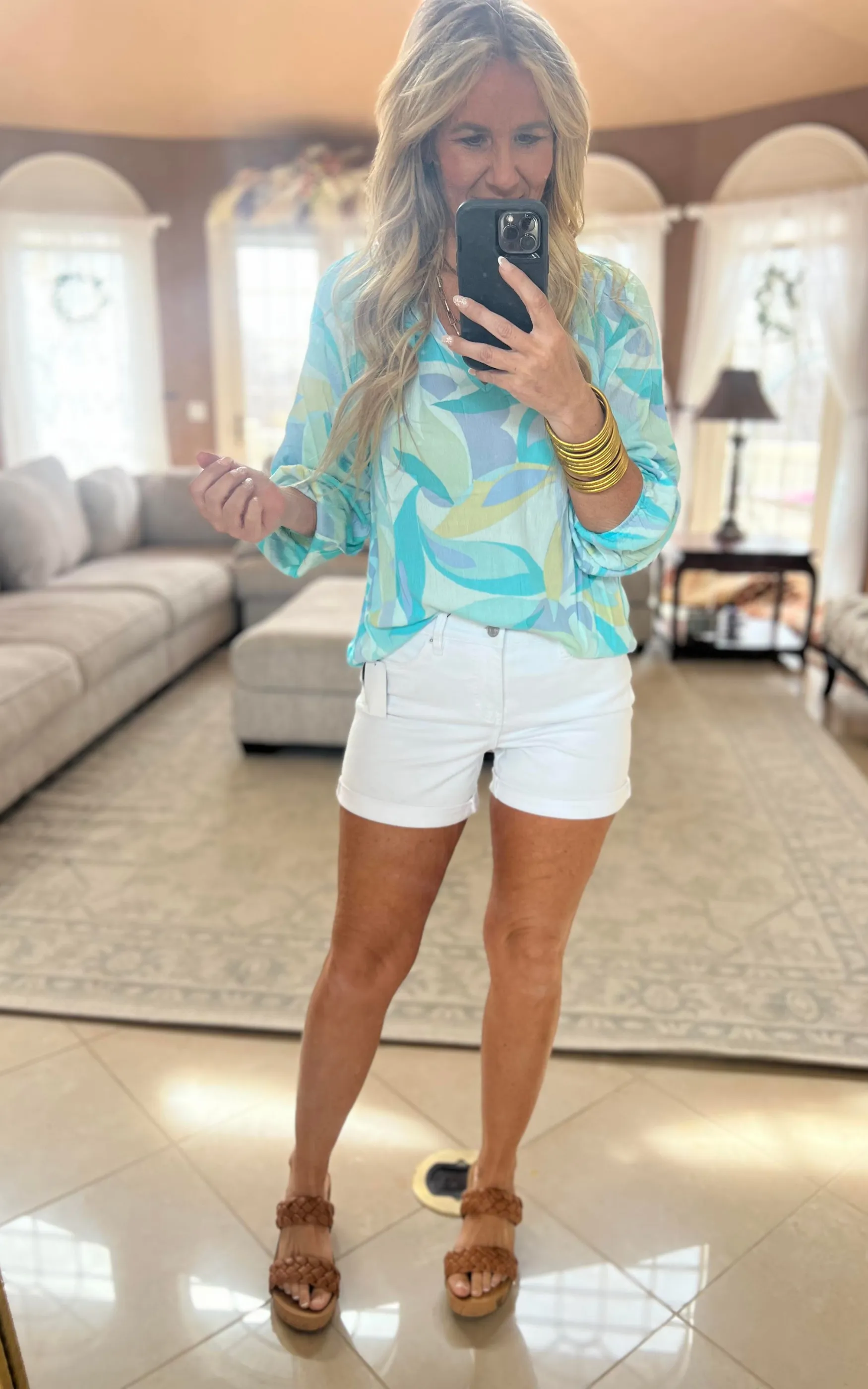 Aqua Abstract Floral Print Top