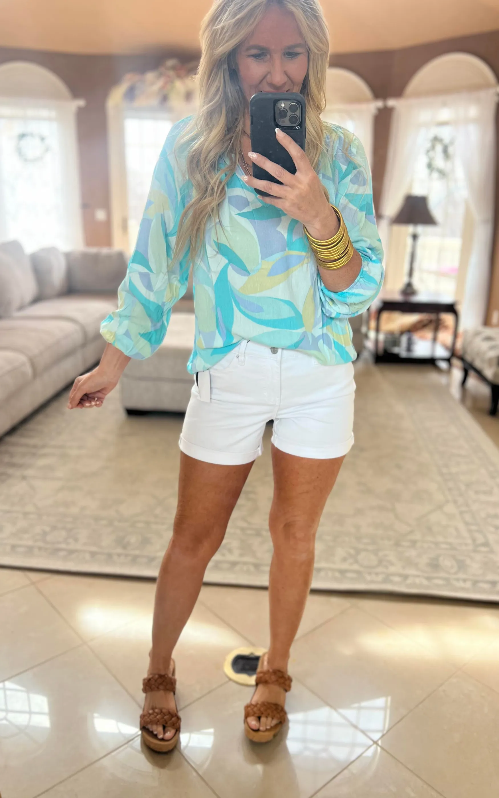 Aqua Abstract Floral Print Top