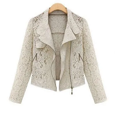 ASM Women's Elegant Fashion Premium Quality Ivory Beige Lace Design Biker Jacket