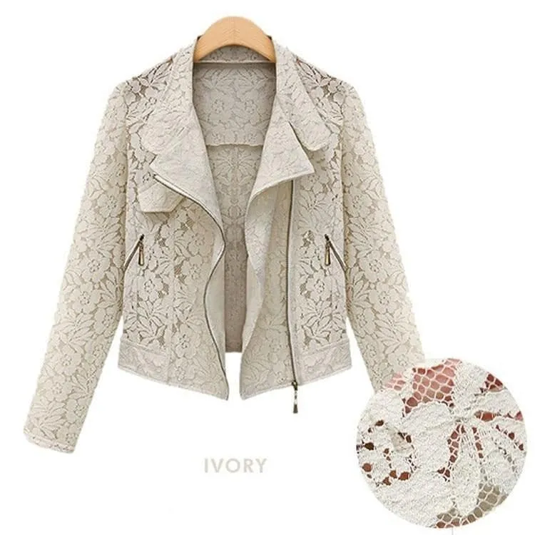 ASM Women's Elegant Fashion Premium Quality Ivory Beige Lace Design Biker Jacket