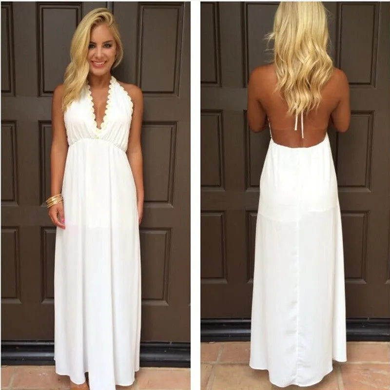 Backless V-neck White Long Chiffon Party Dress