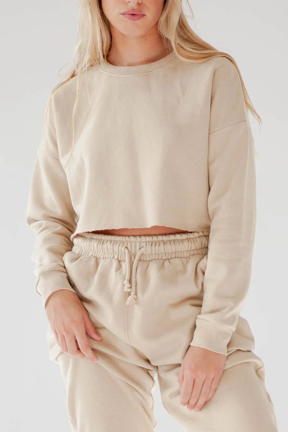 Beige Fleece Lined Oversized Cropped Jumper