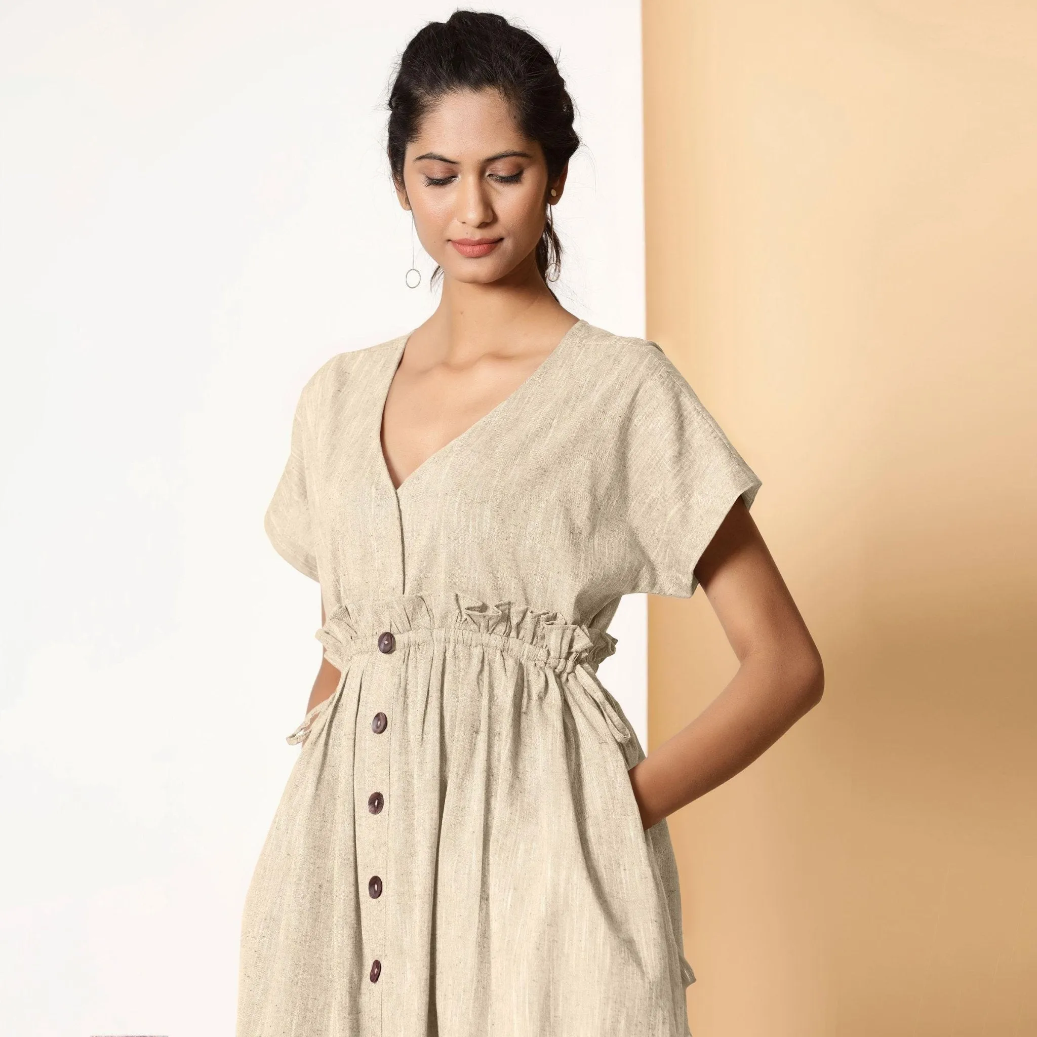 Beige Frilled Cotton Knee Length Bohemian Dress