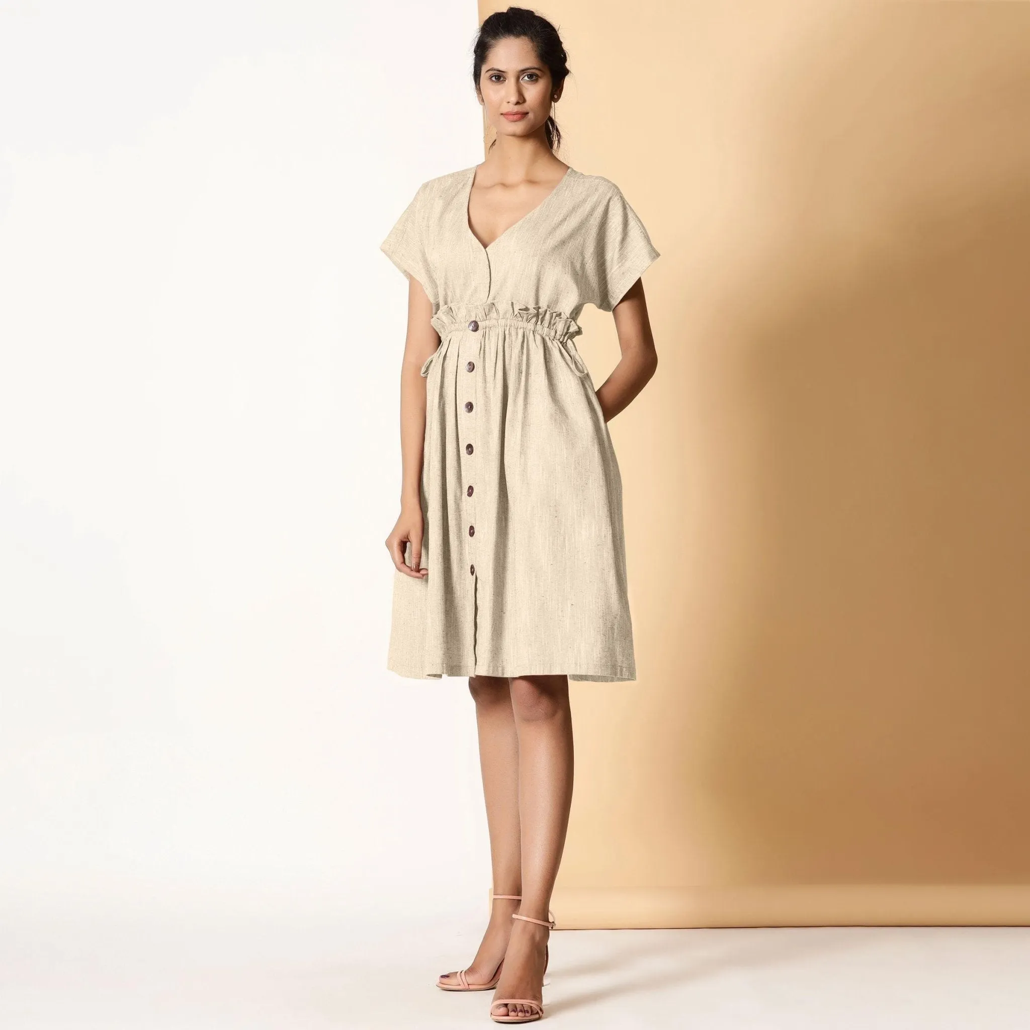 Beige Frilled Cotton Knee Length Bohemian Dress