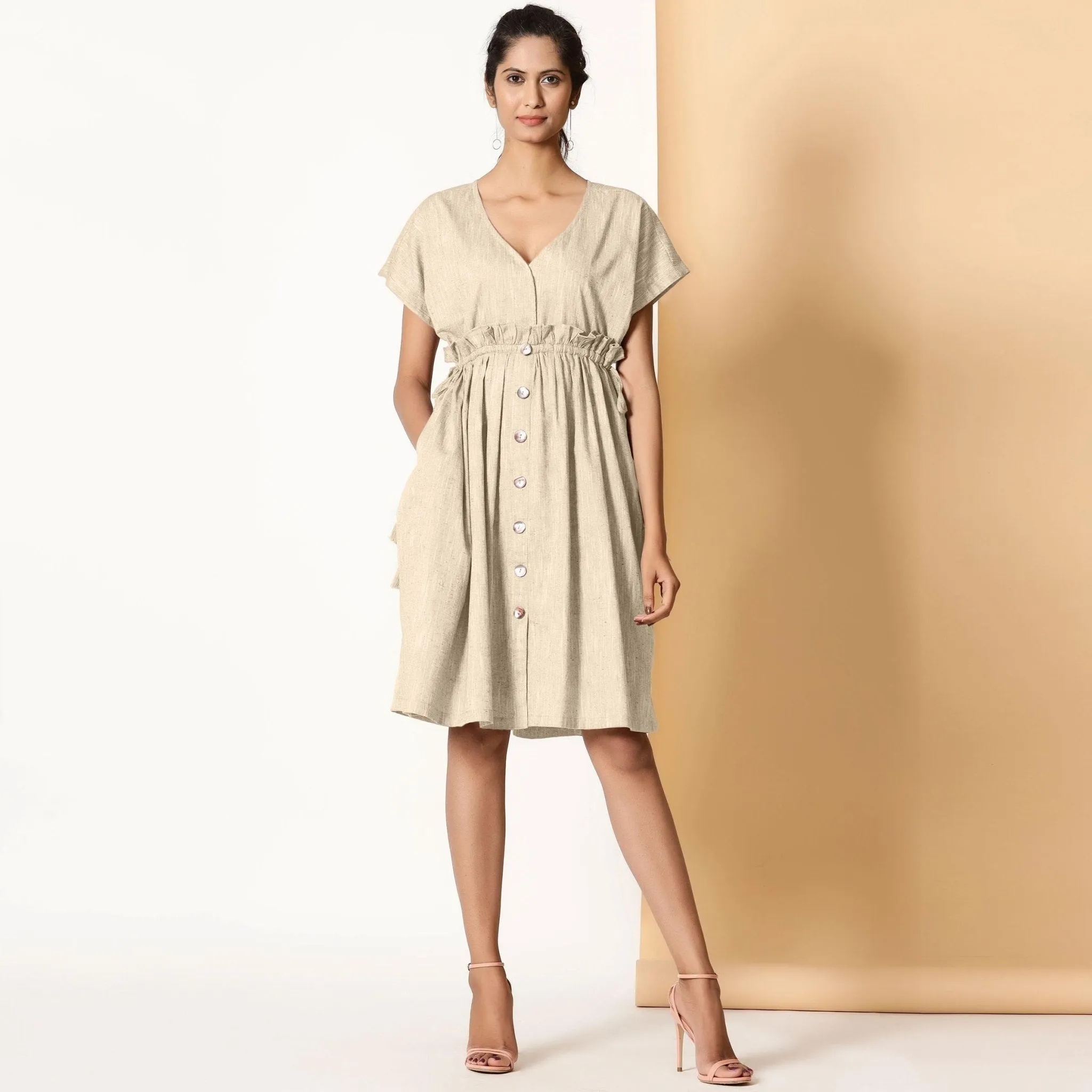 Beige Frilled Cotton Knee Length Bohemian Dress