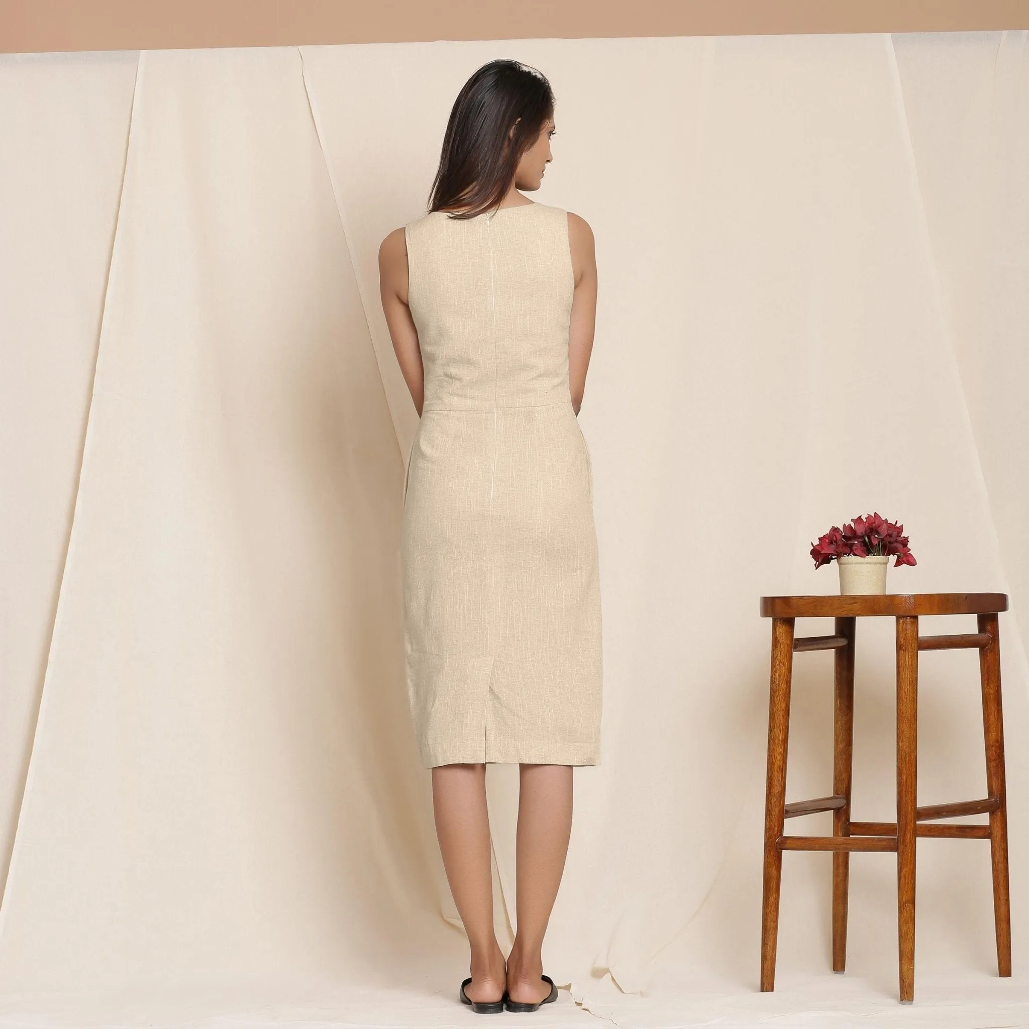 Beige Yarn Dyed 100% Cotton Knee Length Sheath Dress