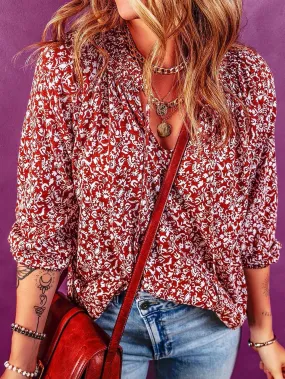 Burgundy Flower Print Neck Tie Blouse