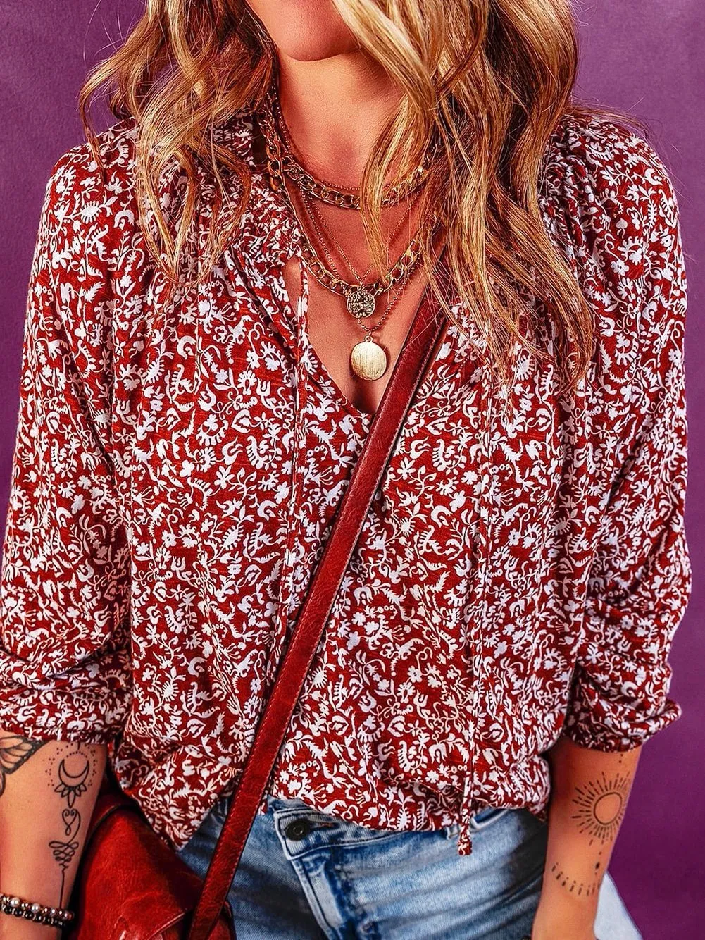 Burgundy Flower Print Neck Tie Blouse