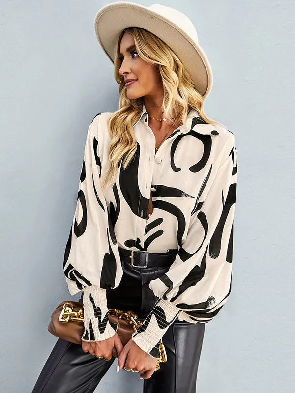 Casual Loose Long Sleeves Printed Lapel Collar Blouses&Shirts Tops