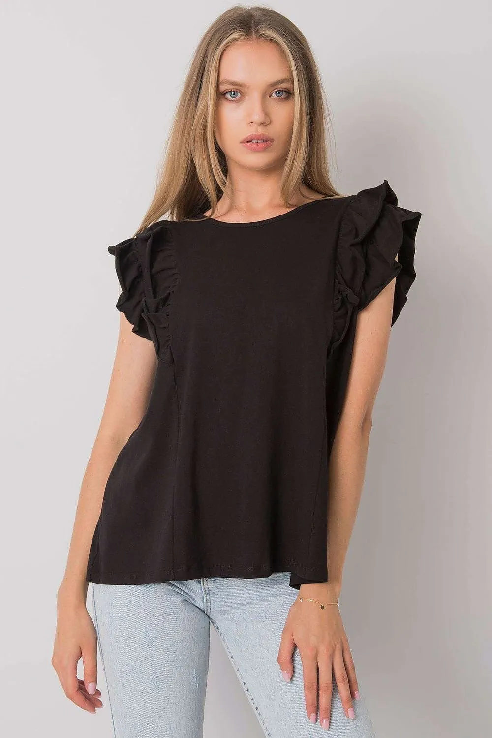 Chic Frilled Sleeve Cotton Blouse with Unique Back Cut-Out