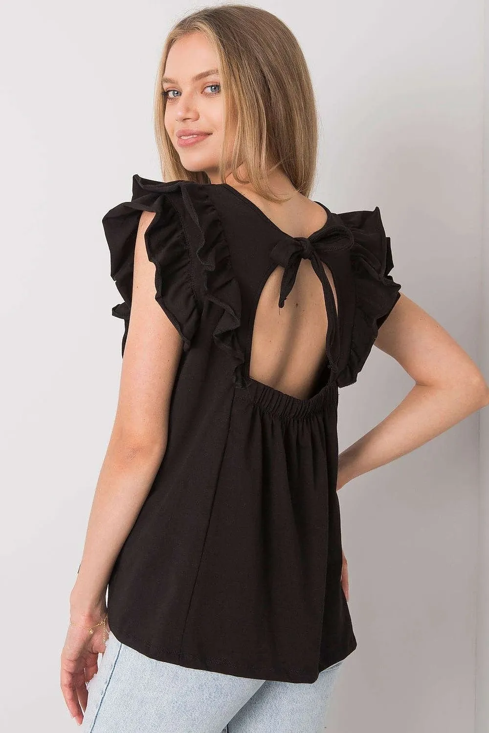 Chic Frilled Sleeve Cotton Blouse with Unique Back Cut-Out