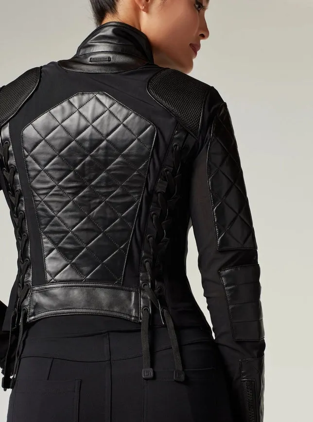 Classic Leather Mesh Moto Jacket - Black