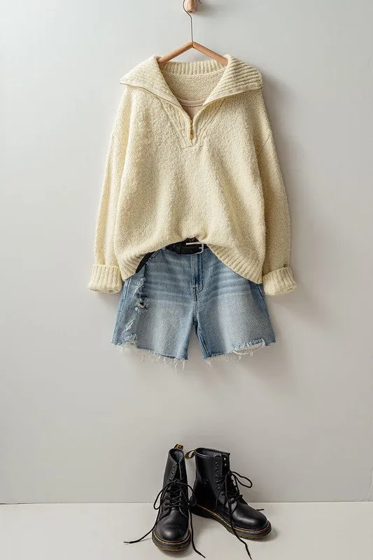 Cozy Knit Quarter Zip Fold Over Collar Sweater