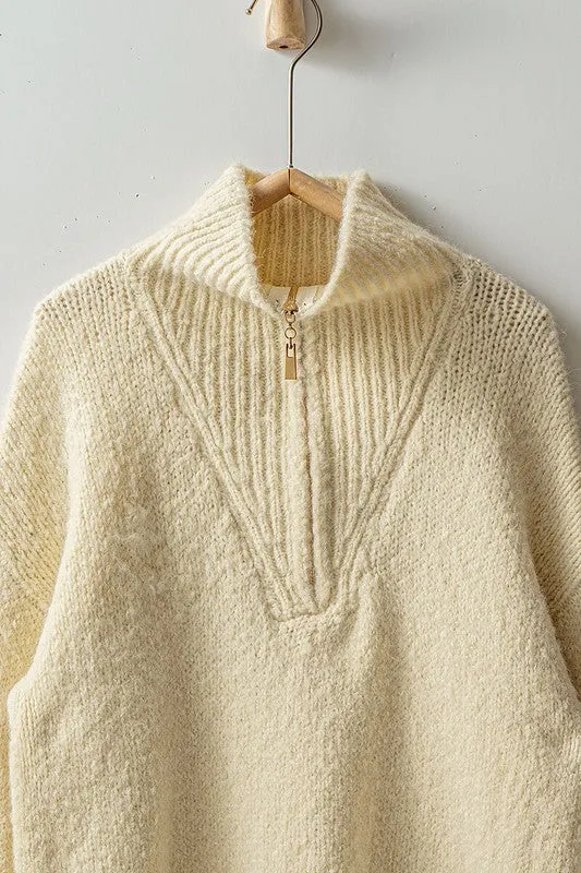 Cozy Knit Quarter Zip Fold Over Collar Sweater