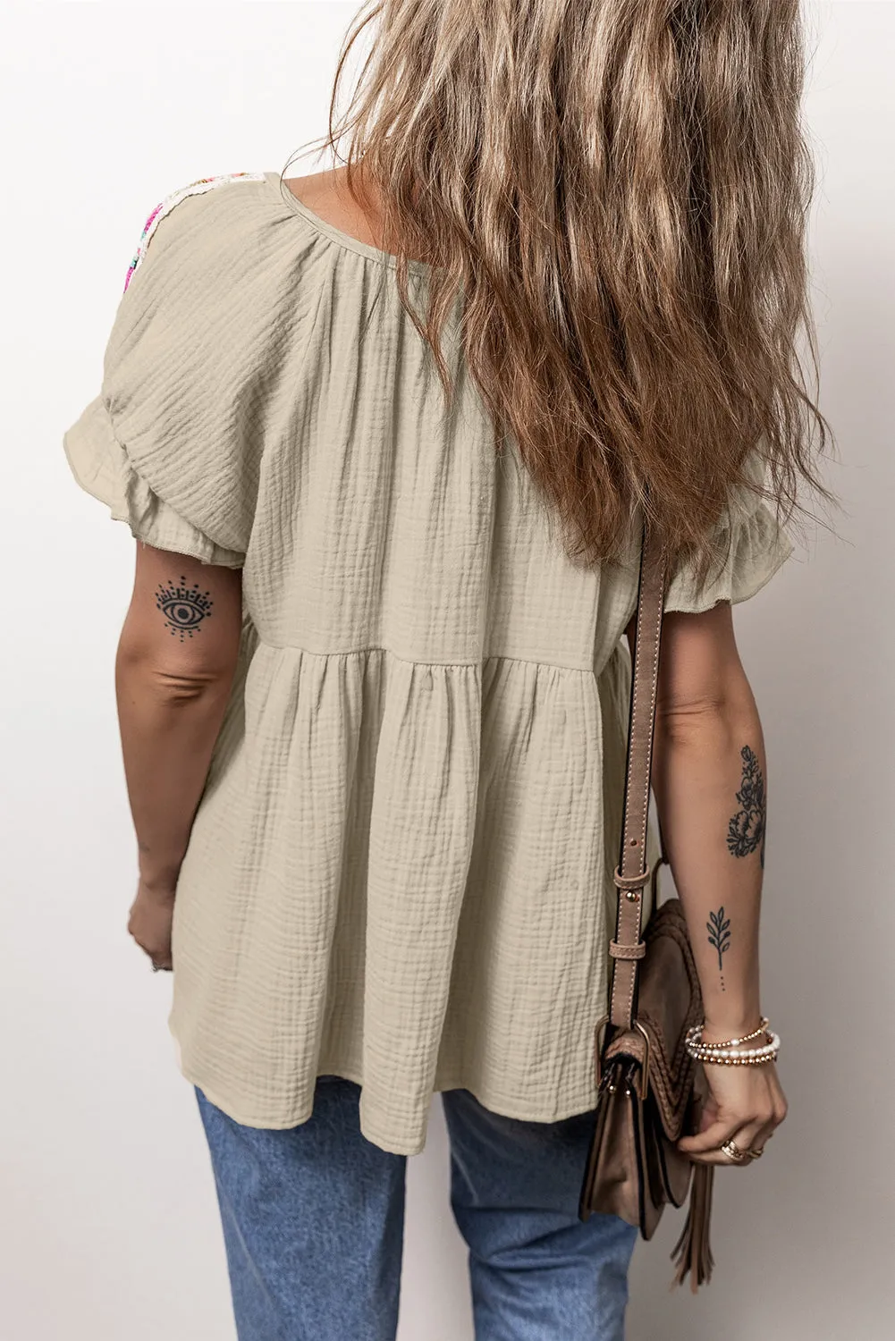 Crinkle Patched Tied Neck Blouse