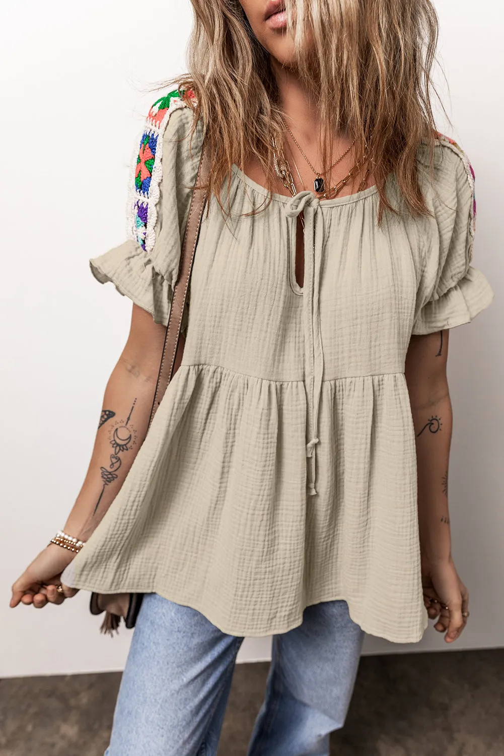 Crinkle Patched Tied Neck Blouse