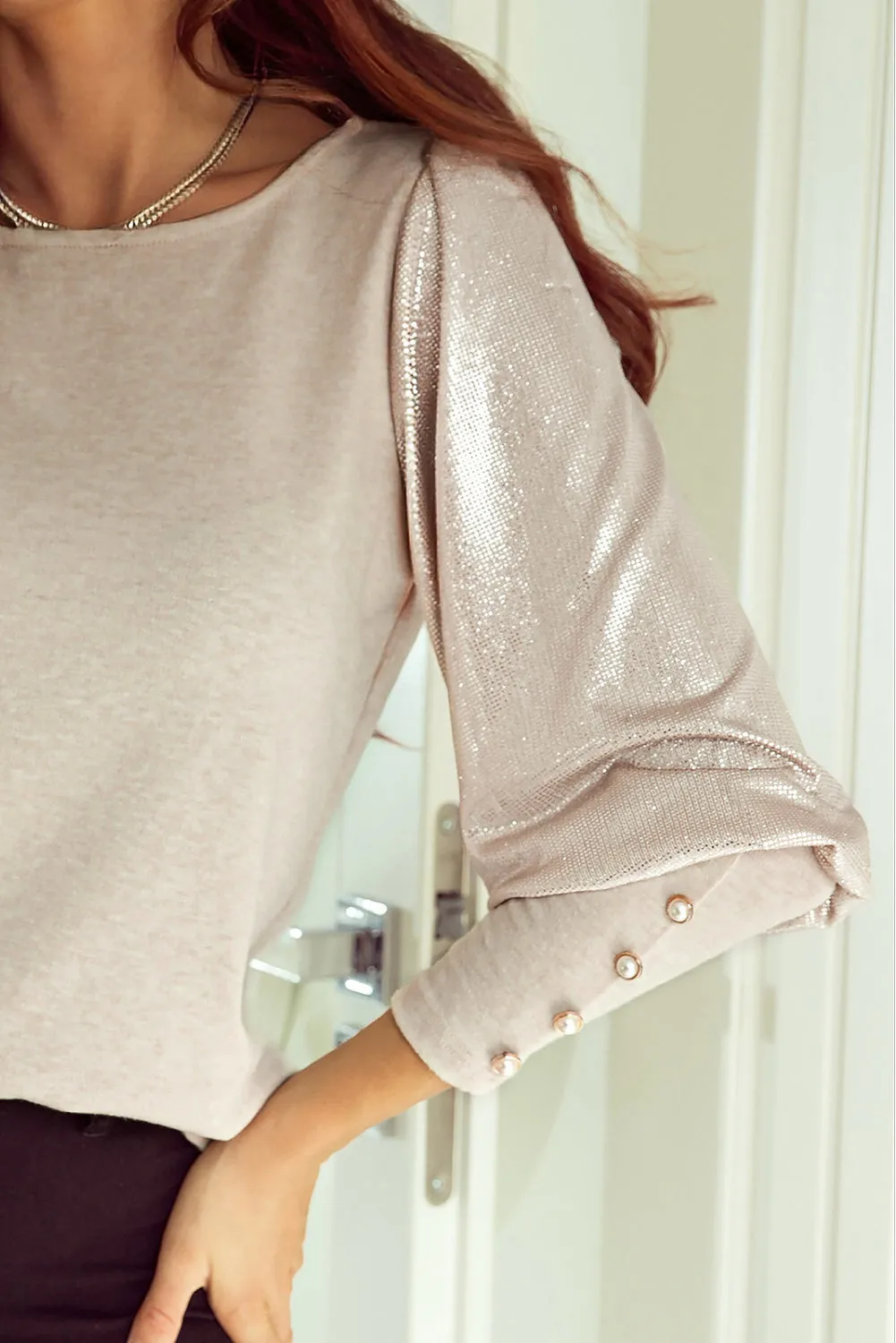 Cuffs Shiny Puff Sleeves Top