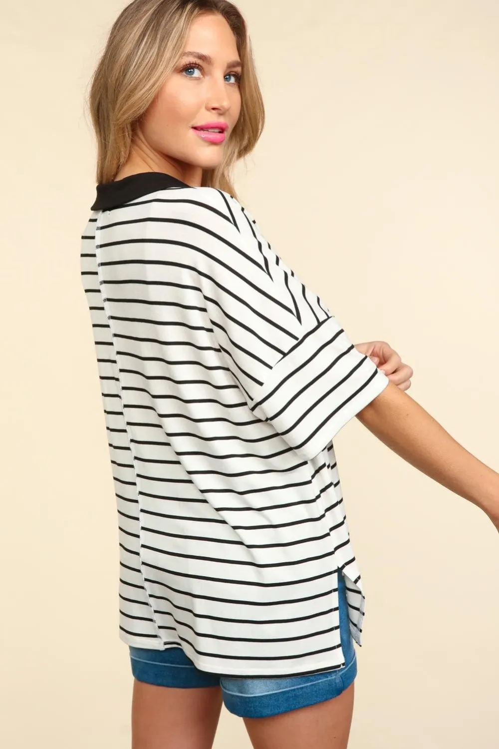 Elia Full Size Striped Dropped Shoulder Half Sleeve T-Shirt