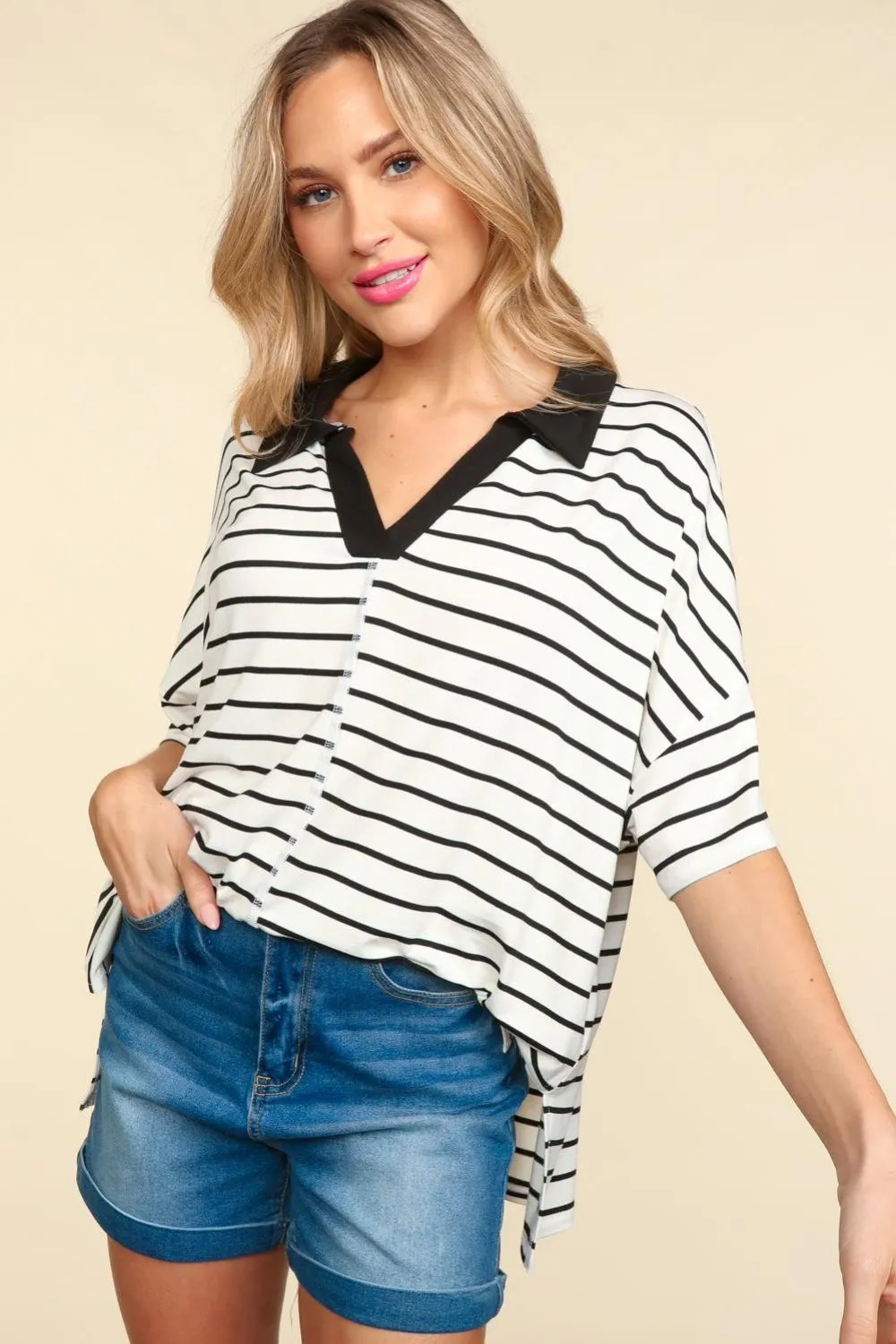 Elia Full Size Striped Dropped Shoulder Half Sleeve T-Shirt