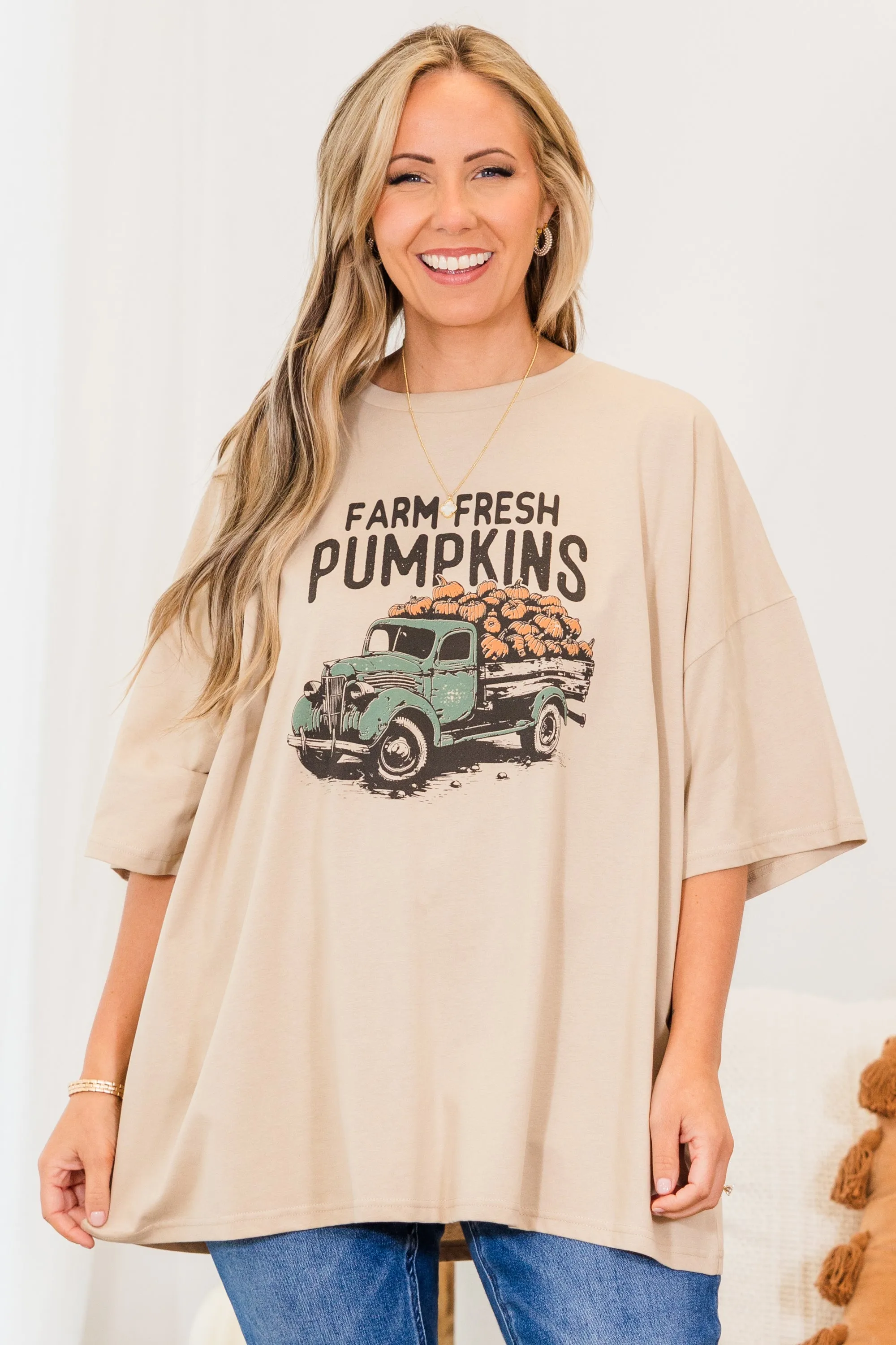 Farm Fresh Pumpkins Boyfriend Tee, Light Mocha