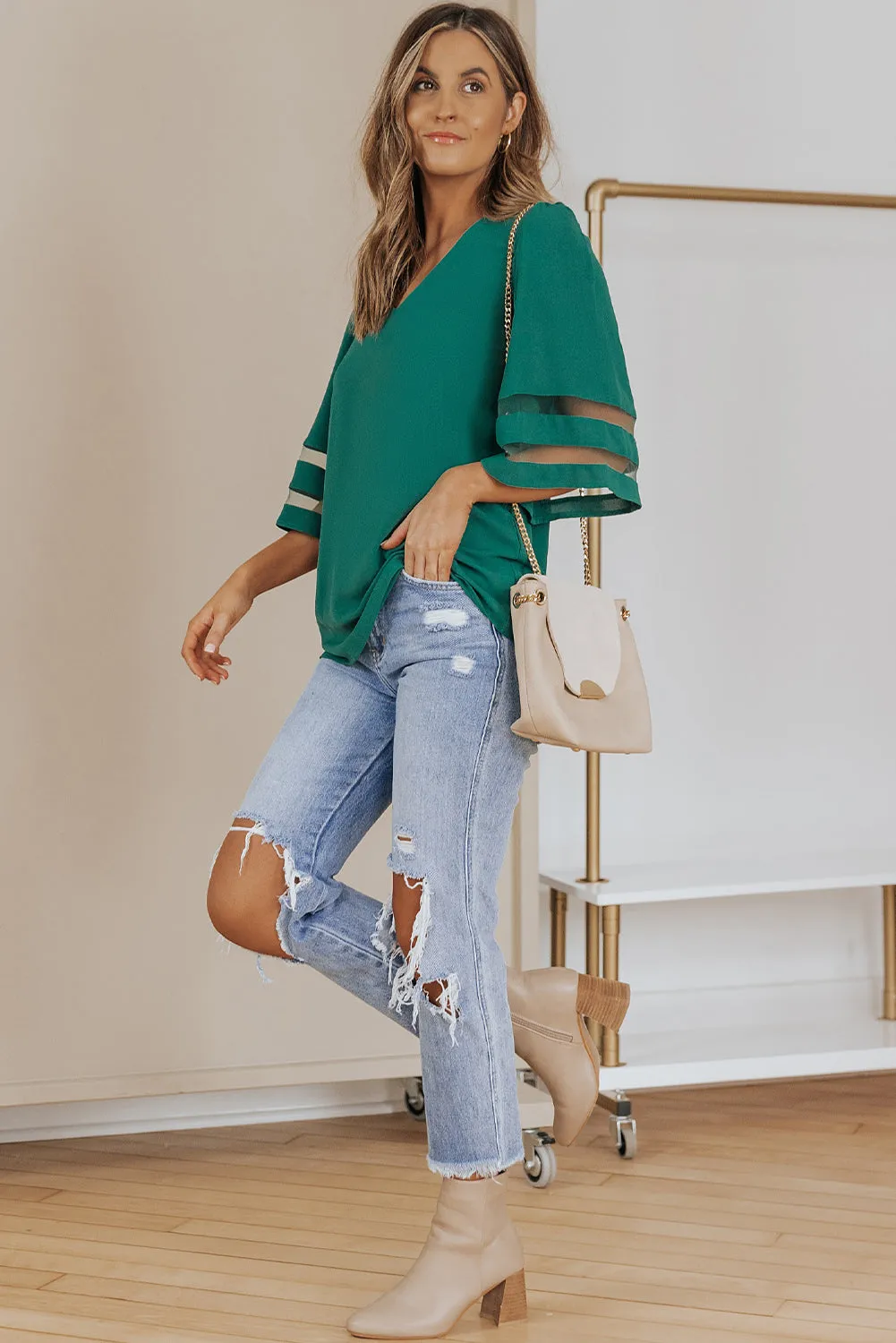 Flare Sleeve V Neck Loose Blouse